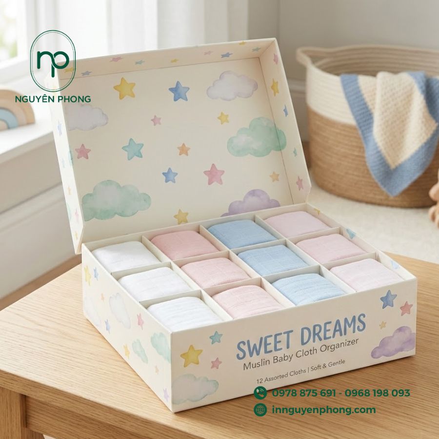 in hộp đựng khăn xô, khăn sữa cho em bé